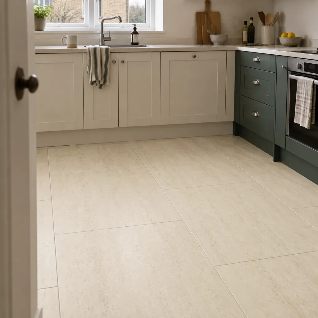 Cava Veins Cream porcelain floor tiles in a kitchen with cream and dark green cabinetry