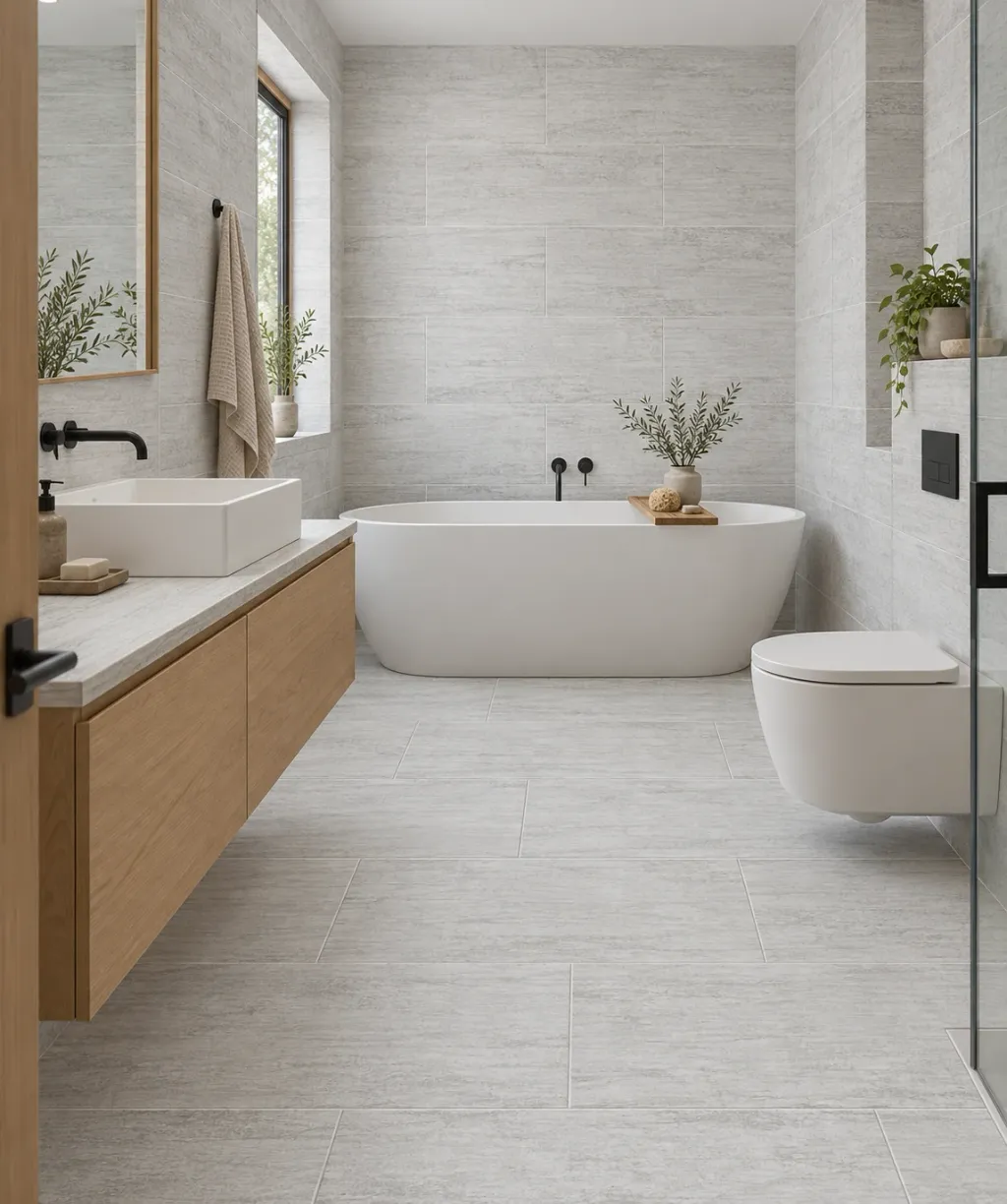 Haven Grey stone effect porcelain, 40 x 90 cm satin matt, on bathroom floor and walls with an oak vanity