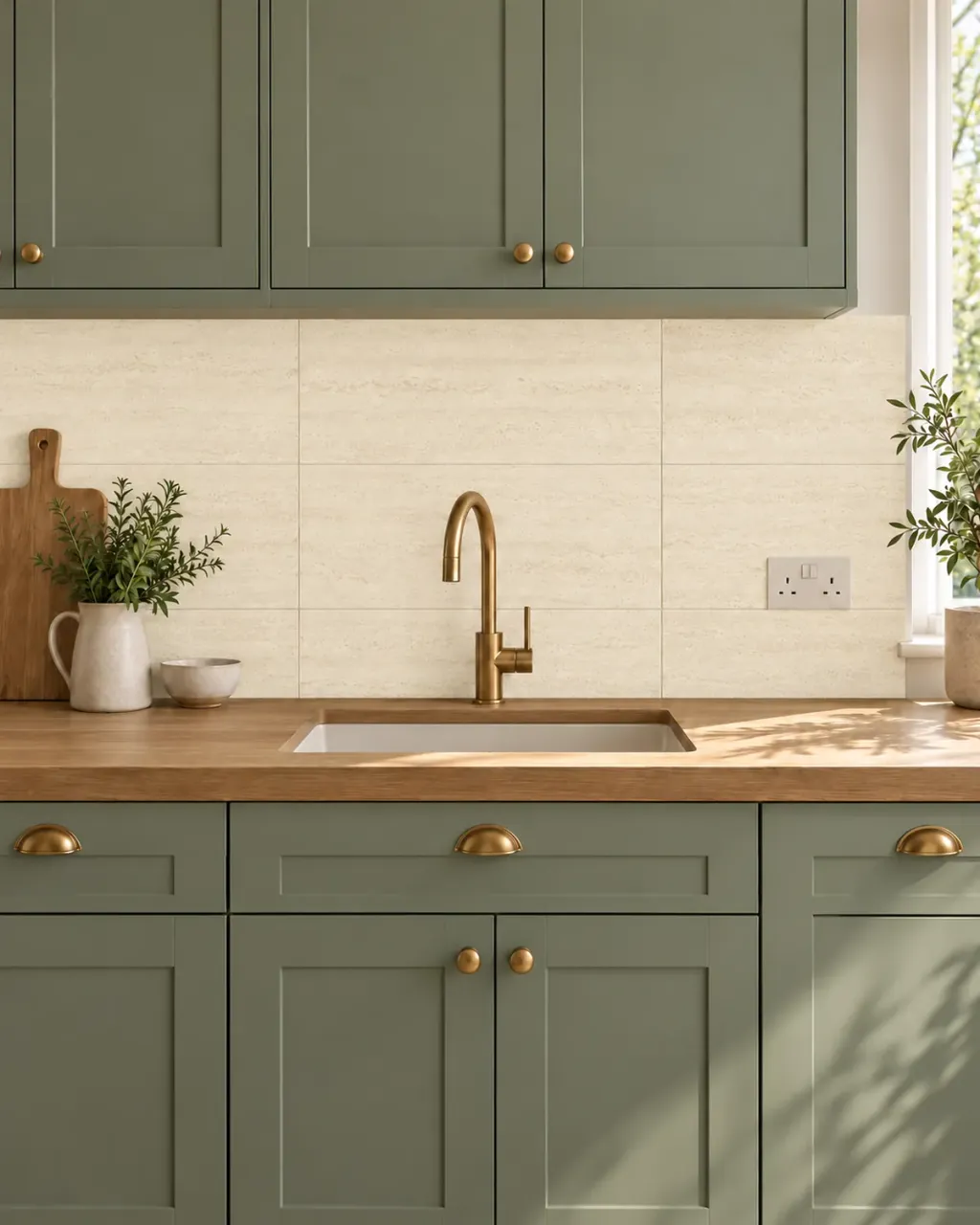 Cava Veins Cream travertine effect porcelain tiles, 30 x 60 cm, on a kitchen splashback with brass