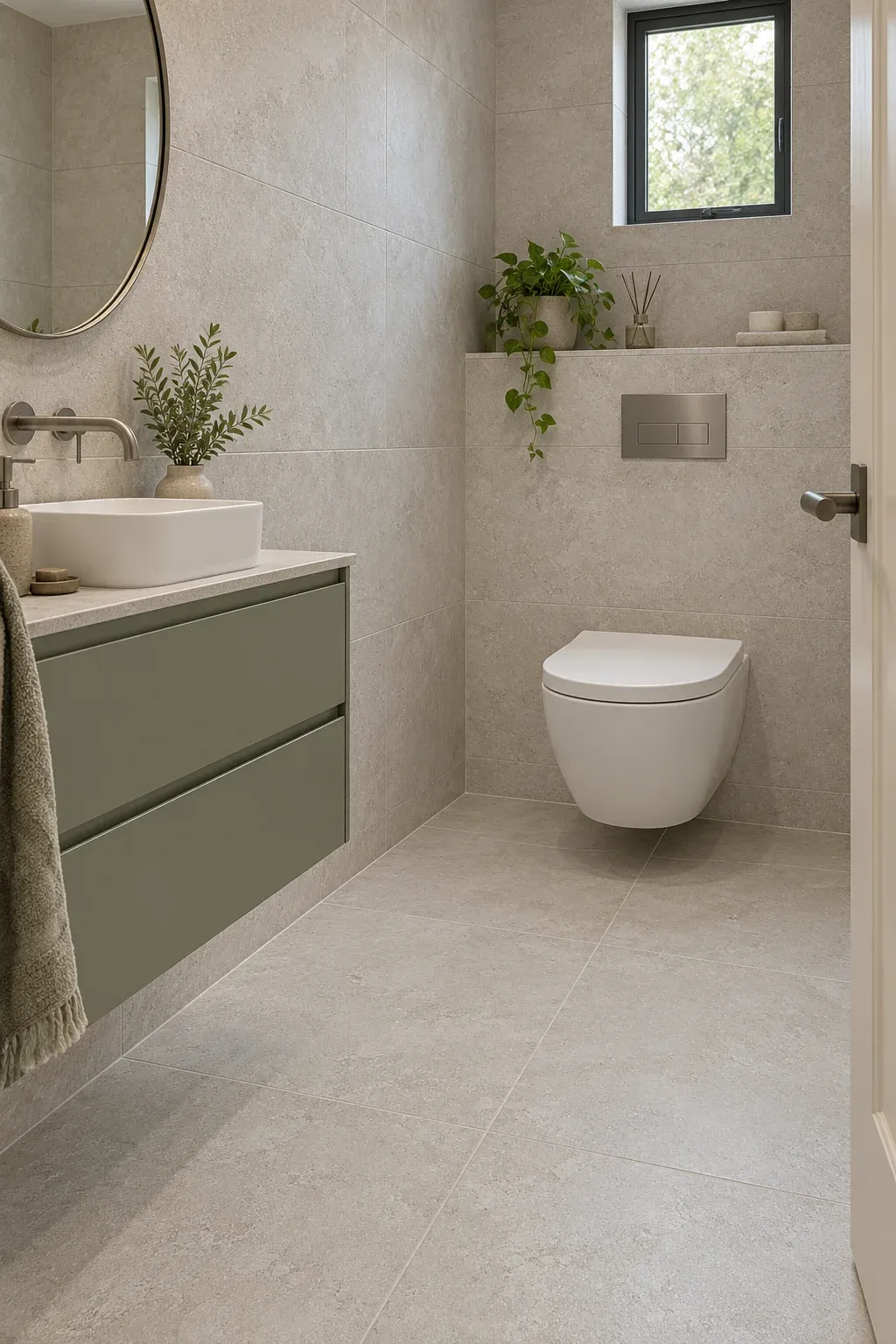 120 x 60 cm stone effect porcelain on the floor and walls of a small cloakroom with a wall-hung toilet