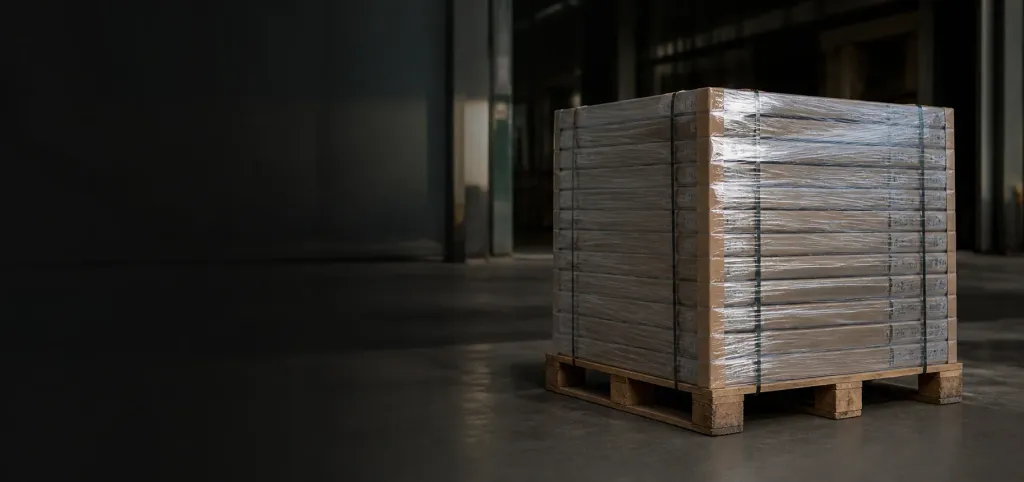 Wrapped and strapped pallet of porcelain tile boxes in a warehouse, ready to ship by tail-lift vehicle