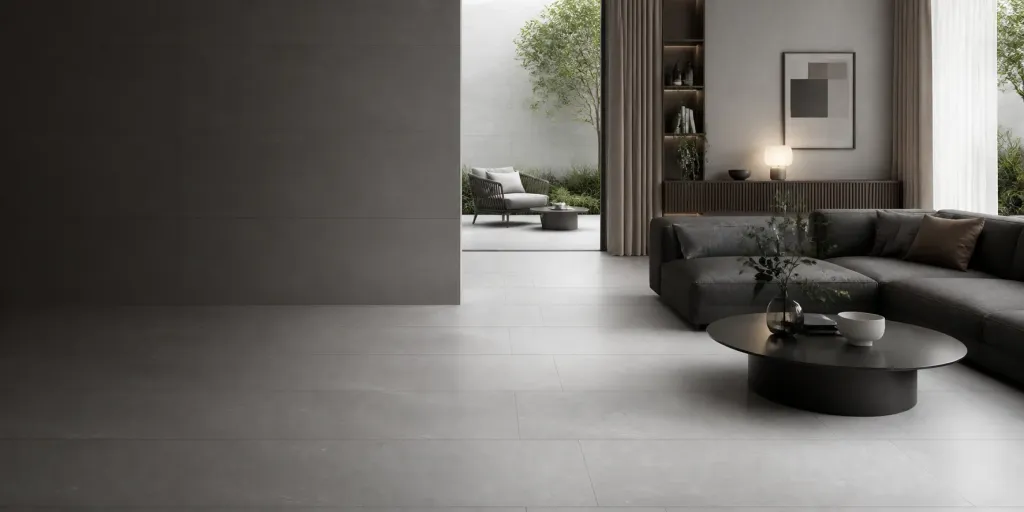 Harrat Silver stone effect porcelain, 120 x 60 cm matt, on the floor of an open-plan living room