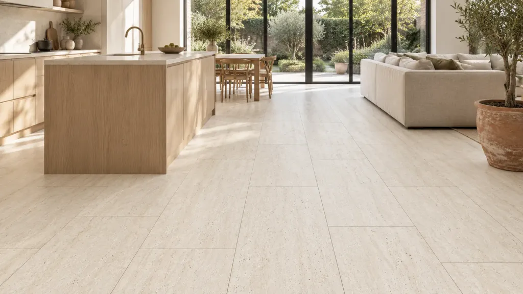 Ascoli Beige travertine effect porcelain, 40 x 90 cm satin matt, on a kitchen floor: the travertine look without sealing