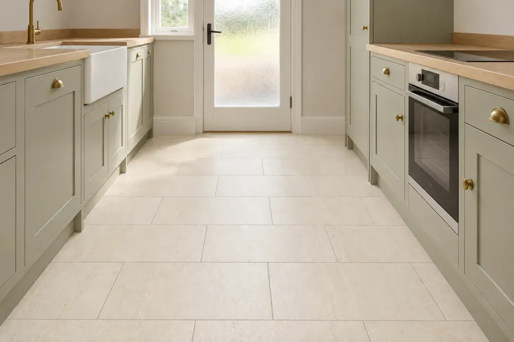 Cava Veins Beige porcelain floor tiles, 30 x 60 cm structured matt, laid in a brick pattern in a family kitchen