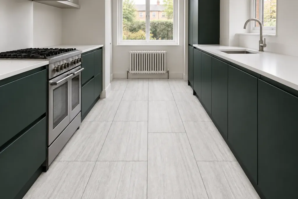 Haven Grey porcelain floor tiles, 40 x 90 cm satin matt, laid lengthwise in a galley kitchen