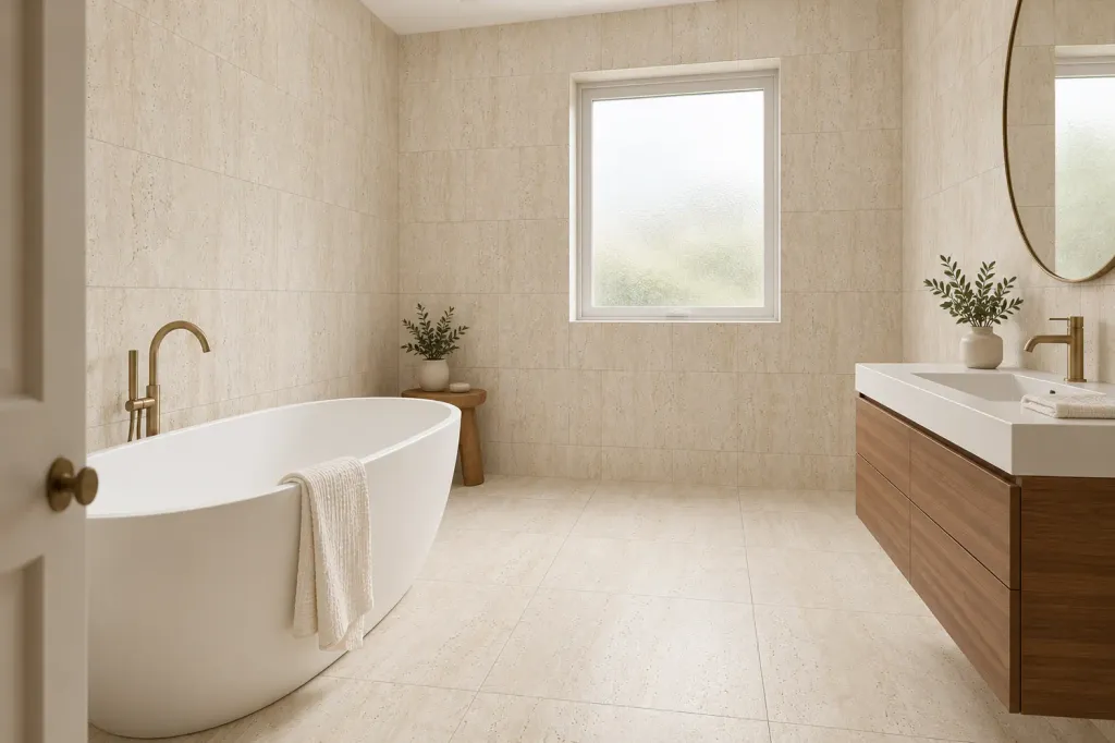 Ascoli Beige travertine effect porcelain, 40 x 90 cm, on bathroom floor and walls with a walnut vanity