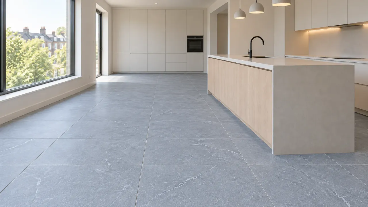 Harrat Silver porcelain floor tiles, 120 x 60 cm matt, in an open-plan kitchen with an oak island