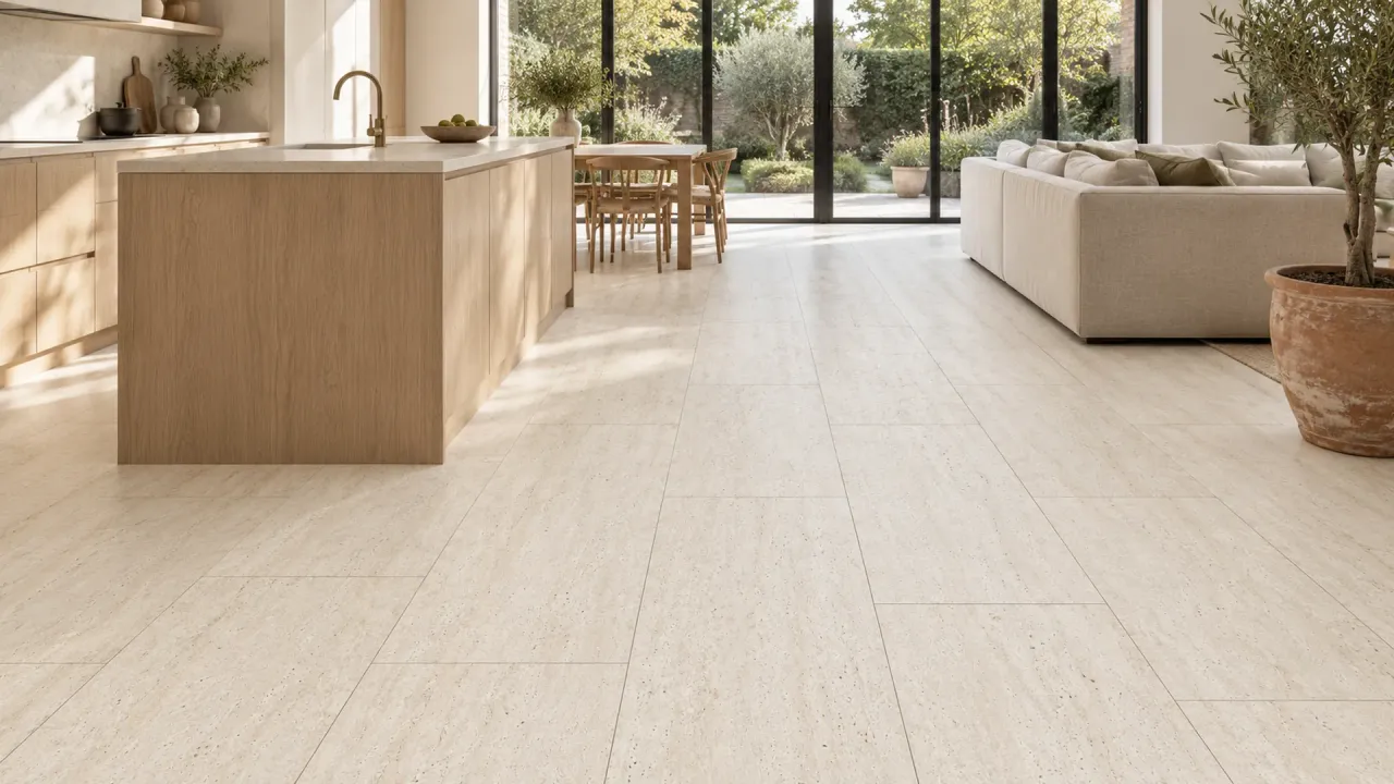 Ascoli Beige travertine effect porcelain, 40 x 90 cm satin matt, on a kitchen floor: the travertine look without sealing