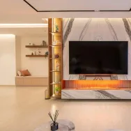 Ascoli Beige 40 × 90 cm Matt porcelain tile, living room floor with a TV wall