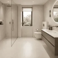 Safari Beige 120 × 60 cm Matt porcelain tile, bathroom with a walk-in shower