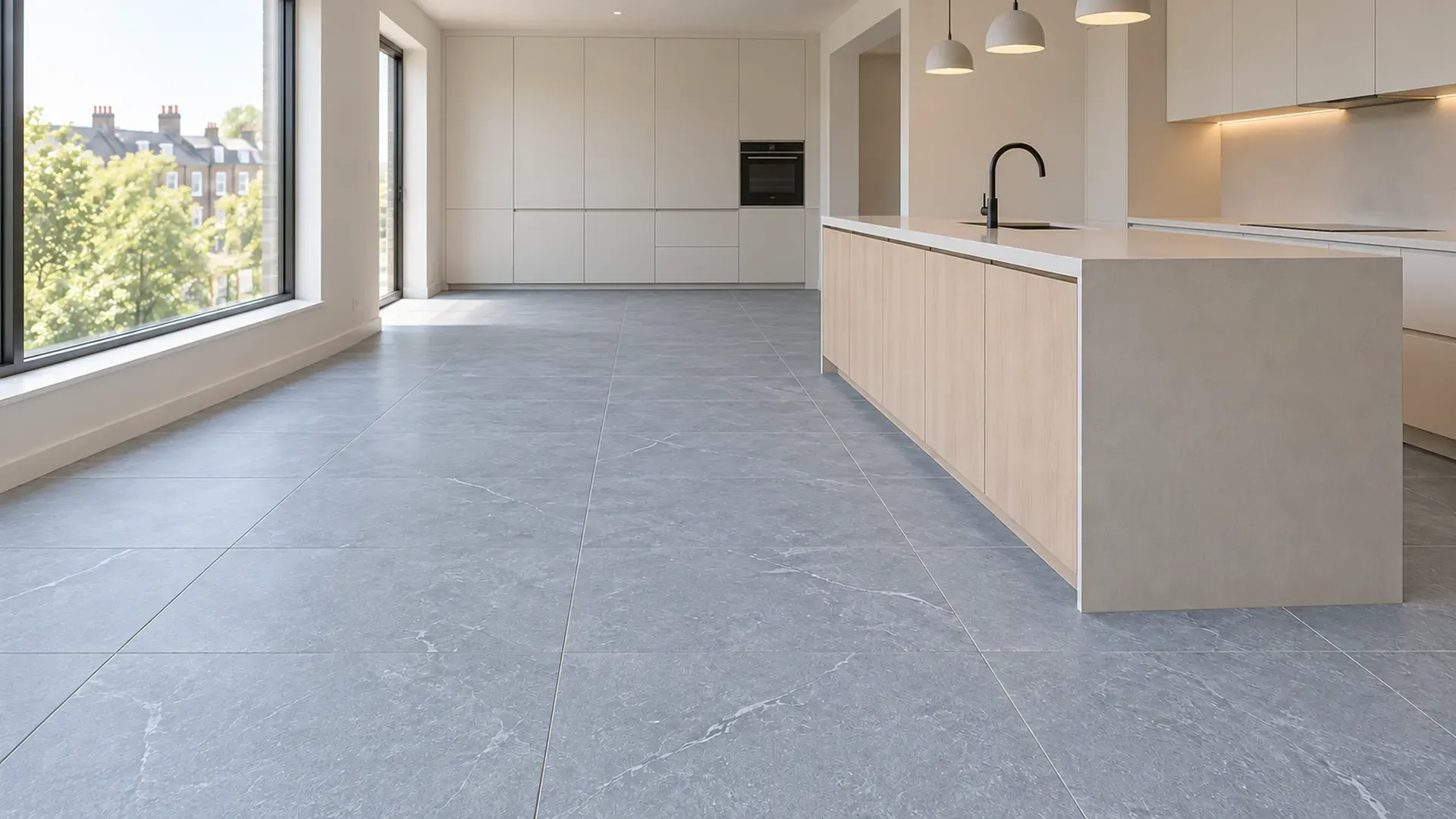 Harrat Silver porcelain floor tiles, 120 x 60 cm matt, in an open-plan kitchen with an oak island