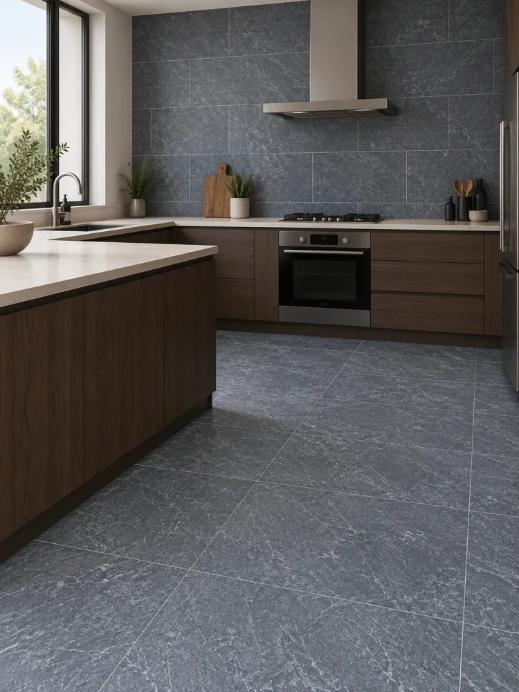 Harrat Anthracite stone effect porcelain, 120 x 60 cm matt, on a kitchen floor and wall: a dark slate look with no sealing