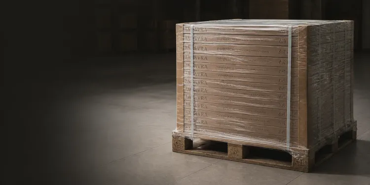 Full pallet of Marvra porcelain tile boxes, shrink-wrapped and strapped, ready for UK delivery