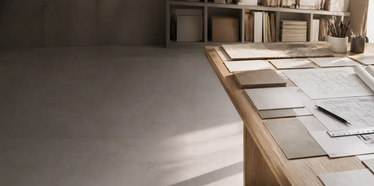 A material studio hung with porcelain samples in daylight