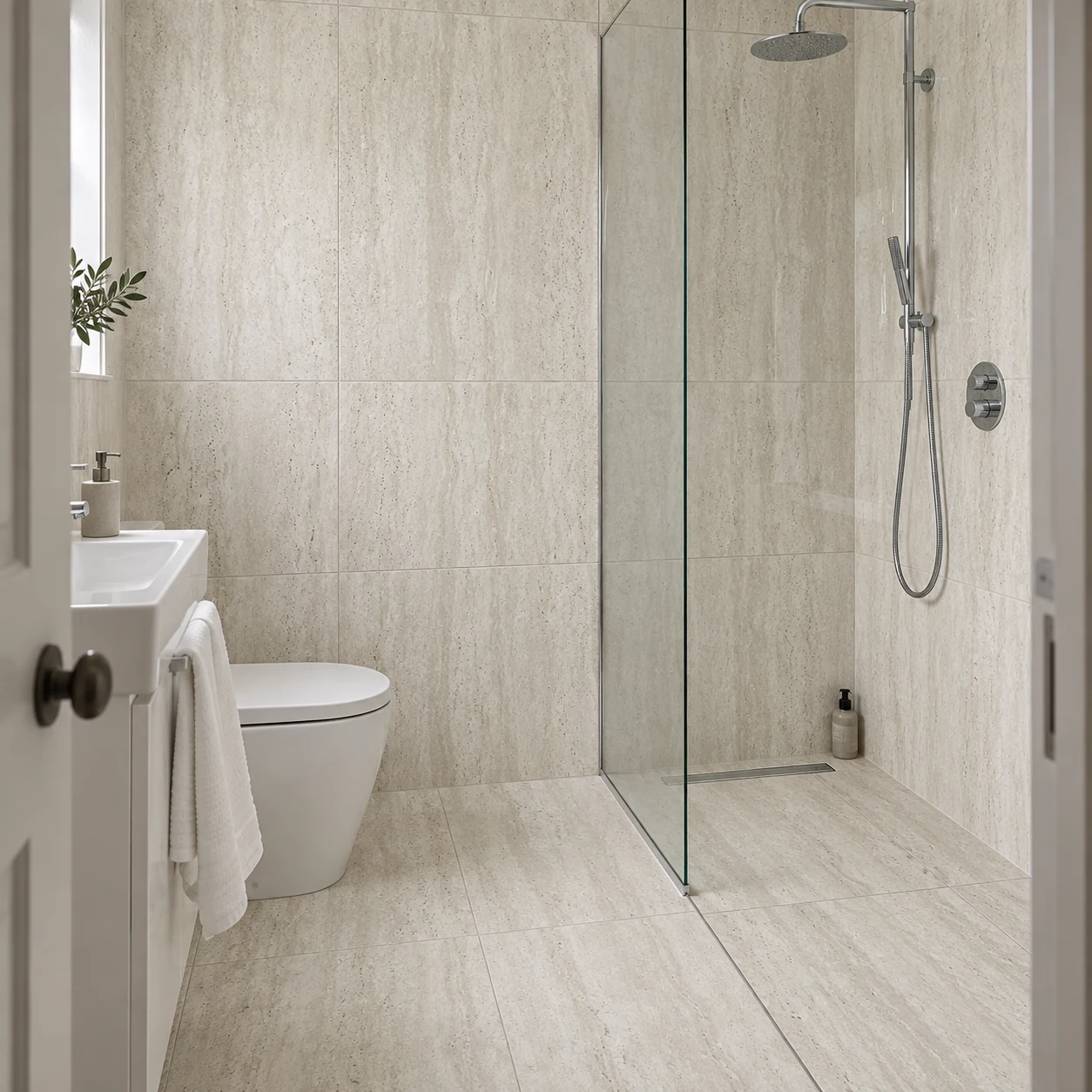 Ascoli porcelain tiles covering the walls and floor of a bathroom with a glass shower enclosure