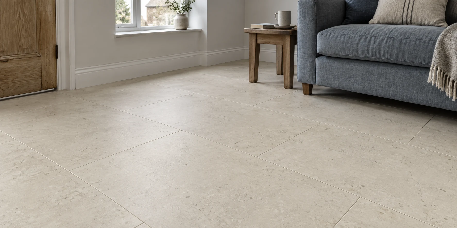 Safari porcelain floor tiles in a living room with a blue-grey sofa and natural window light