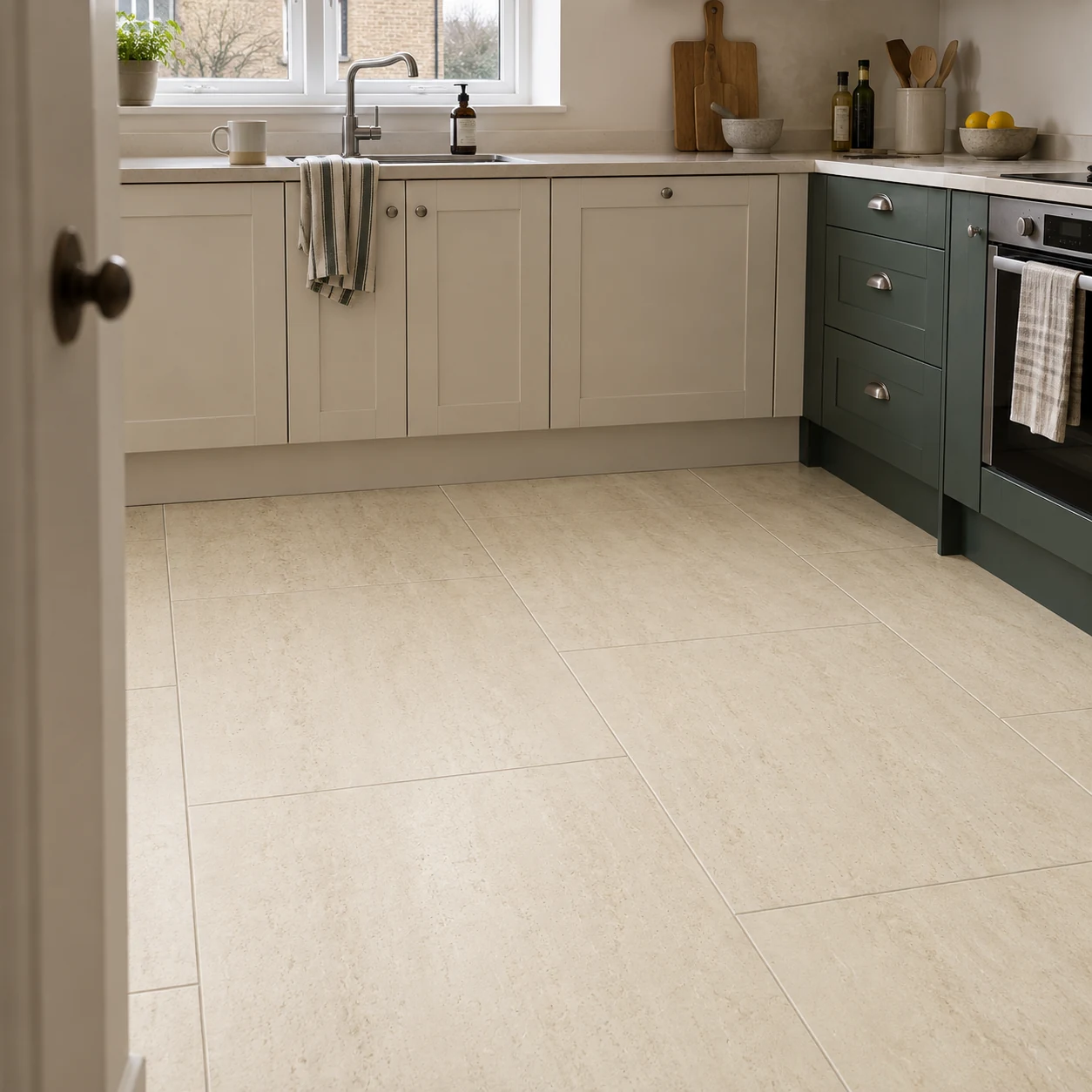 Cava Veins Cream porcelain floor tiles in a kitchen with cream and dark green cabinetry