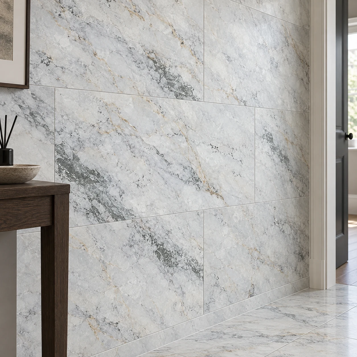 Yacht marble-effect porcelain wall tiles in a hallway beside a dark wood console