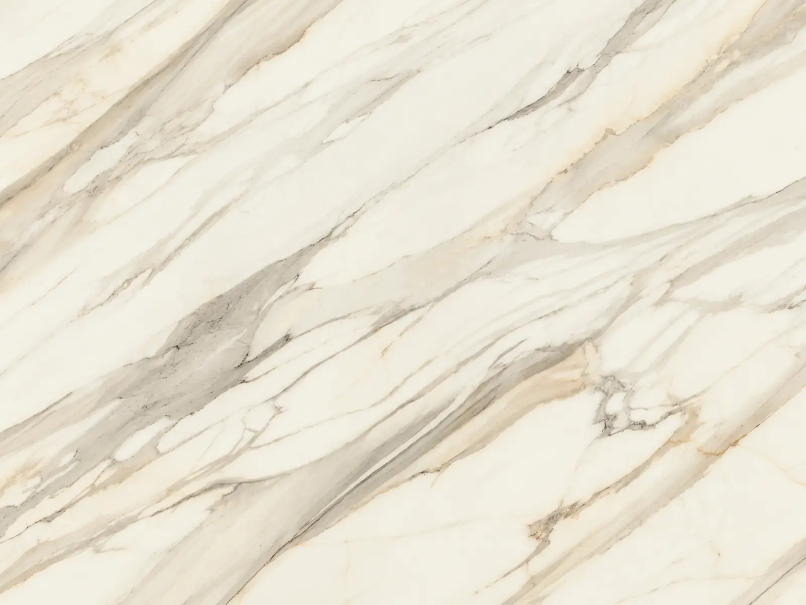 Calacatta Aureo porcelain slab, ivory with diagonal grey and gold ribbons