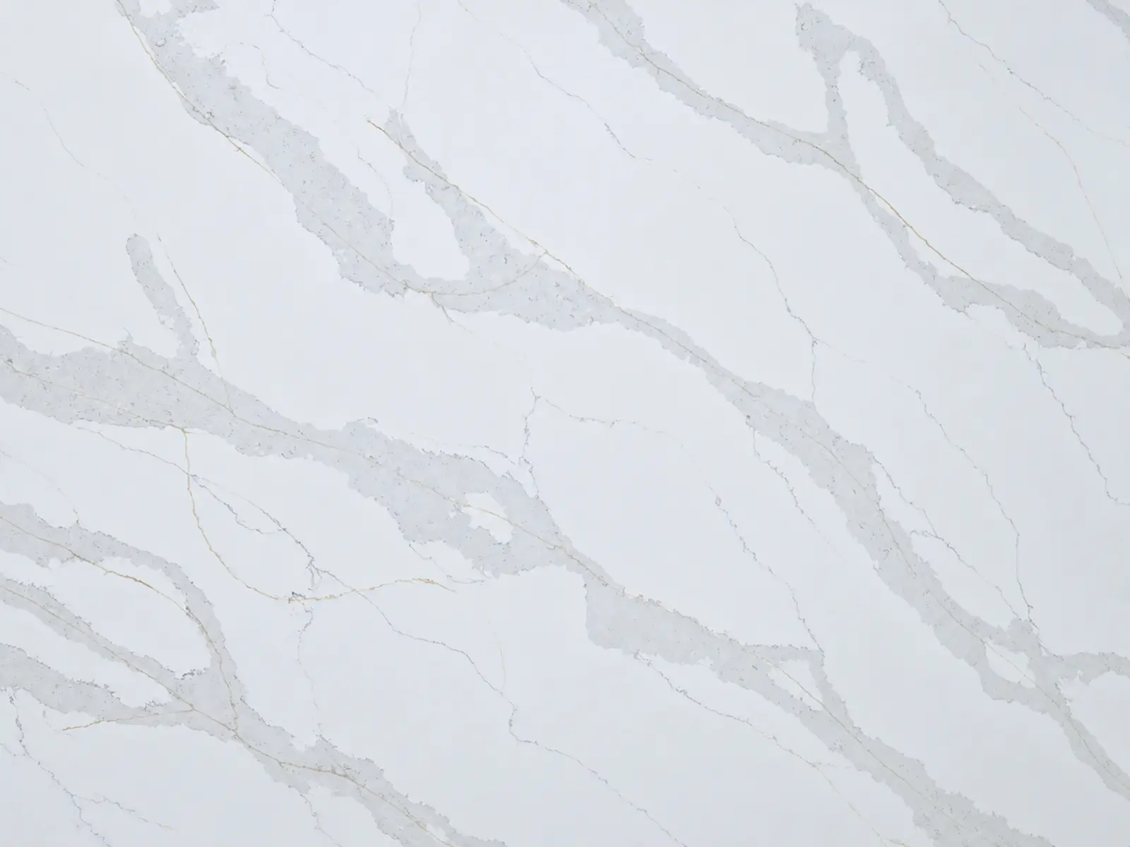 Calacatta Gold quartz slab, white with soft grey and fine gold veins